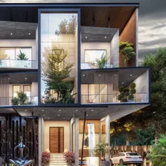A design concept showcasing a multi-level residence where architecture and nature are deeply intertwined. A central glass atrium allows a tree to grow through the heart of the home, while cantilevered balconies and a waterfall feature create a truly extraordinary living experience.