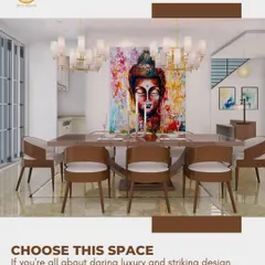 This dining space is for those who appreciate daring luxury and striking design. The vibrant artwork is the focal point, complemented by a modern dining table and chairs, creating an atmosphere that is both artistic and inviting.