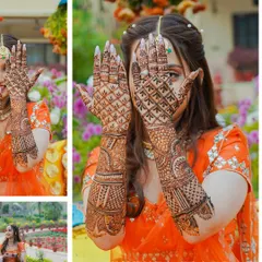A creative collage focusing on the bride's stunningly intricate Mehendi design, a key detail of the celebration.