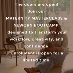 A graphic announcing that enrollment is open for the Maternity Masterclass & Newborn Bootcamp.