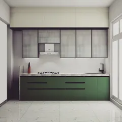 This 3D render details a sophisticated green kitchen with fluted glass shutters, push-to-open lofts, and heavy-duty tandem drawers, illustrating our focus on both style and high-quality hardware.