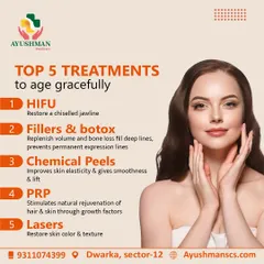 We offer the top 5 treatments to help you age gracefully. This includes HIFU for a chiseled jawline, Fillers & Botox to soften lines, Chemical Peels for smoothness, PRP for natural rejuvenation, and Lasers to restore skin texture.