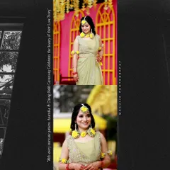 This collage focuses on the bride during her Haldi ceremony. Adorned with floral jewelry, her portraits capture the traditional beauty and happiness of this pre-wedding ritual.