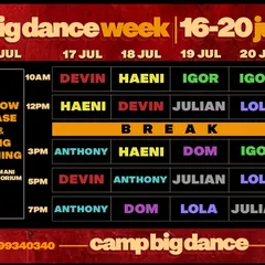 Here is the full schedule for Camp Big Dance. Four days, twenty classes, and seven international teachers. Plan your schedule and get ready for a global dance experience.