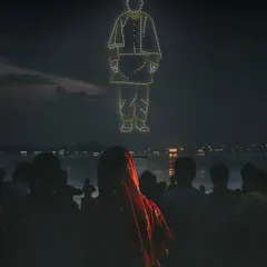 A silhouette of Sardar Vallabhbhai Patel, the Iron Man of India, formed by my drones over a waterfront. These tribute shows are a powerful way to honor national figures during public celebrations.