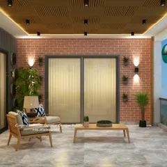 To create a different mood, I used an exposed brick wall for this balcony design. Paired with simple wooden furniture and warm wall lighting, it creates a cozy and modern outdoor lounge. The slatted wooden ceiling adds a final touch of sophistication.