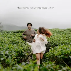 "Together is our favorite place to be." Sanchana and Adarsh running through the lush tea gardens, a perfect example of a playful and scenic pre-wedding shoot.