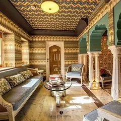Another view of the Surya Haveli project, showcasing a different room with custom wallpapers. The designs blend traditional motifs with embroidered textures, bringing the palace's history to life in a new way.