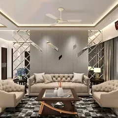 In this luxurious living room, we designed a feature wall with custom-cut mirror panels to create a sense of depth and glamour. The tufted sofa and armchairs complete the sophisticated look.
