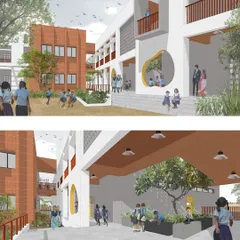 Our design emphasizes the connection between indoor and outdoor spaces. This rendering shows open corridors, shaded courtyards, and large circular openings that frame views of the landscape, encouraging learning and play to happen everywhere on campus.