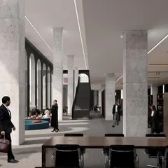 The interior of our Telangana High Court proposal features grand arched colonnades, creating a space that is both monumental and filled with light. The design segregates public and private zones while using natural materials to evoke a sense of timeless authority and calm.