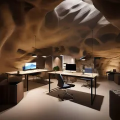 An early concept render for my studio, which I called the "designer's den." This visualization was the starting point for creating a modern yet primal workspace, with smooth floors contrasting against the rough, cavernous walls and ceiling.