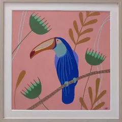 This piece features a vibrant blue toucan perched on a branch. The soft pink background and simple, graphic botanicals give this custom artwork a sweet and modern feel.