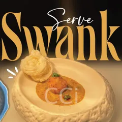 "Serve Swank." This graphic captures our essence of redefining taste with style. The artfully presented dish in a textured bowl is an example of how we create elegant, gourmet experiences that whisper of luxury.