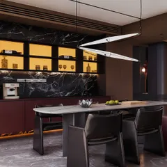 This render of a dining and bar area, also for my course, focuses on creating drama with a black marble backsplash and sharp, modern lighting fixtures.