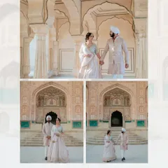A series of beautiful moments from Gurpreet and Ashpreet's pre-wedding shoot at Amer Fort. We captured them walking hand-in-hand through the sunlit corridors, creating a sense of timeless romance.