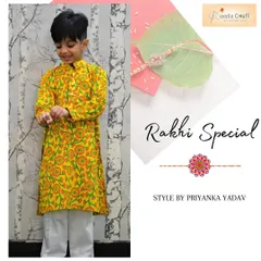 This bright yellow floral printed kurta is made from soft, breathable cotton, paired with a simple white pajama. It's a cheerful and comfortable outfit, perfect for a long day of festival fun. Image 36 shows another angle.