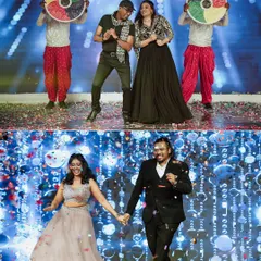 A collage showing two different dance performances at the Sangeet, capturing the energy and joy of the night.