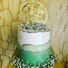 Welcome a new arrival with a beautiful baby shower cake. This 'Baby in Bloom' cake features a chocolate and mango flavor combination with a delicate green ombre buttercream design, adorned with fresh baby's breath for a touch of natural elegance.