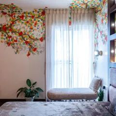 A bedroom should feel like a retreat. The hand-painted mural in Project Sakura brings nature indoors, paired with soft neutral tones and plush textures for a perfect balance between art and comfort.