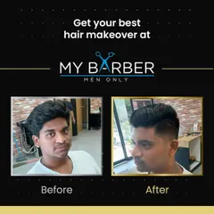 A picture is worth a thousand words. This before and after photo shows the power of a professional haircut, featuring a clean side fade and a neatly styled top.