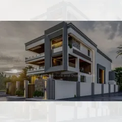 This architectural render showcases a luxury modern villa designed with bold, geometric lines. The exterior highlights a contrast of materials, cantilevered upper floors, and extensive use of glass to create a sophisticated and contemporary residence.