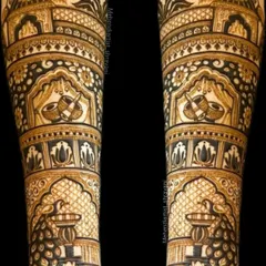 A symmetrical forearm design showcasing traditional wedding symbols. You can see kalash and shehnai motifs, representing prosperity and celebration, framed by intricate borders.