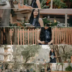 A film-strip style collage showing her waiting, and him arriving on a motorcycle. It builds a story of anticipation and the exciting start of their date.
