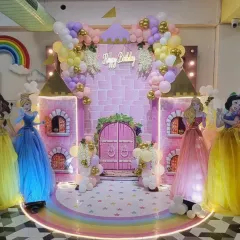 A royal celebration fit for a princess! We created a magical castle entrance with beautiful balloon arrangements and life-sized Disney princesses to welcome the birthday girl and her friends to a day of enchantment.