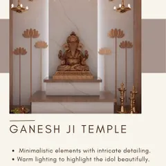 In this Ganesh Ji temple design, I combined minimalist elements with intricate details. The space features a backlit marble-finish panel and is accented with golden lotus motifs and traditional diyas to create a warm, inviting, and sacred atmosphere.