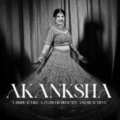 A beautiful black and white bridal portrait where the bride is joyfully twirling in her lehenga. The text overlay adds a touch of elegance, making it feel like a magazine feature.