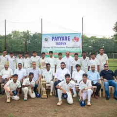 The victorious team and finalists of the U-16 Payyade Trophy pose for a group photograph with coaches and officials, celebrating their success in this important MCA selection event.