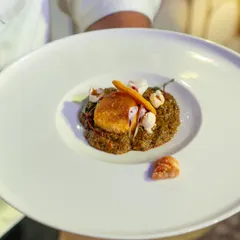 A study in texture and flavour. This dish features a pan-seared element on a bed of savory grains, accented with delicate garnishes. It's an example of our commitment to creating multi-layered sensory experiences.