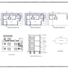 A complete set of approval drawings for a G+2 building, including floor plans, elevation, and cross-section. These drawings are essential for municipal approvals and provide a technical guide for construction.