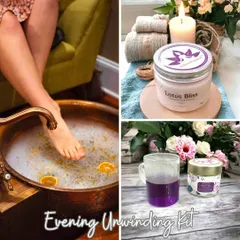 My Evening Unwinding Kit is designed for ultimate relaxation. It combines a warm foot soak with our bath salts, a calming cup of Purple Tea, and the gentle light of a candle to help you unwind with bliss.
