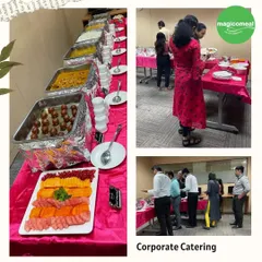 We believe great food lifts spirits at work. Here is a look at a corporate lunch setup, complete with a variety of main courses, desserts, and fresh fruit displays.