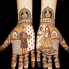 A full two-hand design for Karwa Chauth, depicting the complete story of the festival with diyas and gift-giving. Book your slot early for the festive season!