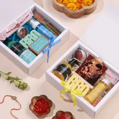 A top-down view of both the Blue and Yellow Rakhi hampers for brothers. You can choose your preferred products to make this gift truly special and unforgettable.