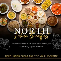 Explore the rich and diverse flavors of our North Indian breakfast menu. This spread features a selection of our finest curries, breads, and rice dishes, perfect for a hearty morning meal delivered right to your doorstep.