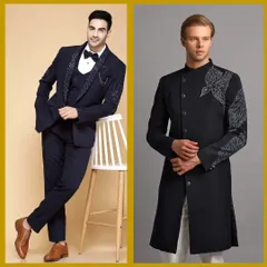 A blue embroidered tuxedo and a blue eagle Indo-Western. Our collection has looks for both formal and fusion tastes.