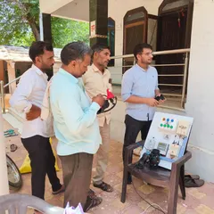 We believe in bringing knowledge directly to the villages. Here, our expert uses a portable demo kit during a Kisan Sabha in Med village, Jaipur, to explain the workings of our Autodrip and Hydromat automation systems. This hands-on approach helps farmers understand the practical benefits of smart irrigation.