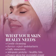 What does your skin really need? It's simpler than you think. This graphic outlines the fundamentals: gentle cleansing, barrier-repair moisturizers, daily sunscreen, adequate protein, and proper sleep. These are the pillars of healthy skin.