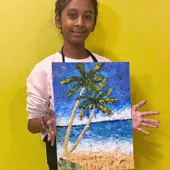 Look at this beautiful beach scene! Using a knife painting technique, this young artist created a textured masterpiece full of movement and color. It's a great way to learn about building layers with acrylics.