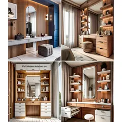 This collage presents four different concepts for dressing units. Each design features a large mirror, good lighting, and a combination of drawers and shelves, showing how I can tailor the vanity area to your specific needs and room style.