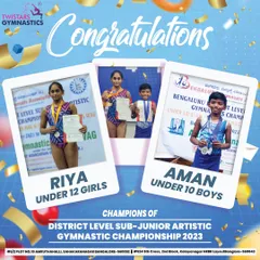Introducing our champions! We are so proud to congratulate Riya and Aman for their amazing success at the District Level Sub-Junior Artistic Gymnastic Championship. All their hard work paid off!