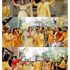 A collage capturing the grand, energetic entrance of the Haldi couple. Surrounded by friends and family with color smoke guns, this image is full of life, celebration, and the vibrant yellow theme of the day.