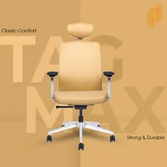The 'Tag Max' executive chair in a classic beige leatherette. It offers strong, durable construction with an adjustable headrest and armrests for classic comfort.