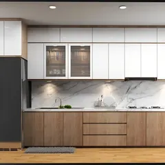 A clean and contemporary kitchen design featuring two-tone cabinetry in natural wood and glossy white. The marble backsplash and under-cabinet lighting create a bright and luxurious workspace.