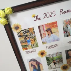 Another angle of the "2025 Rewind" frame, highlighting the corner details with yellow paper roses and sunflower stickers.