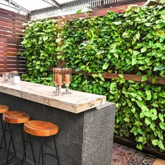 A closer look at the residential villa's bar area, highlighting the texture and density of the living wall. The wood framing adds a warm, natural touch, seamlessly blending the installation with the outdoor furniture and deck.